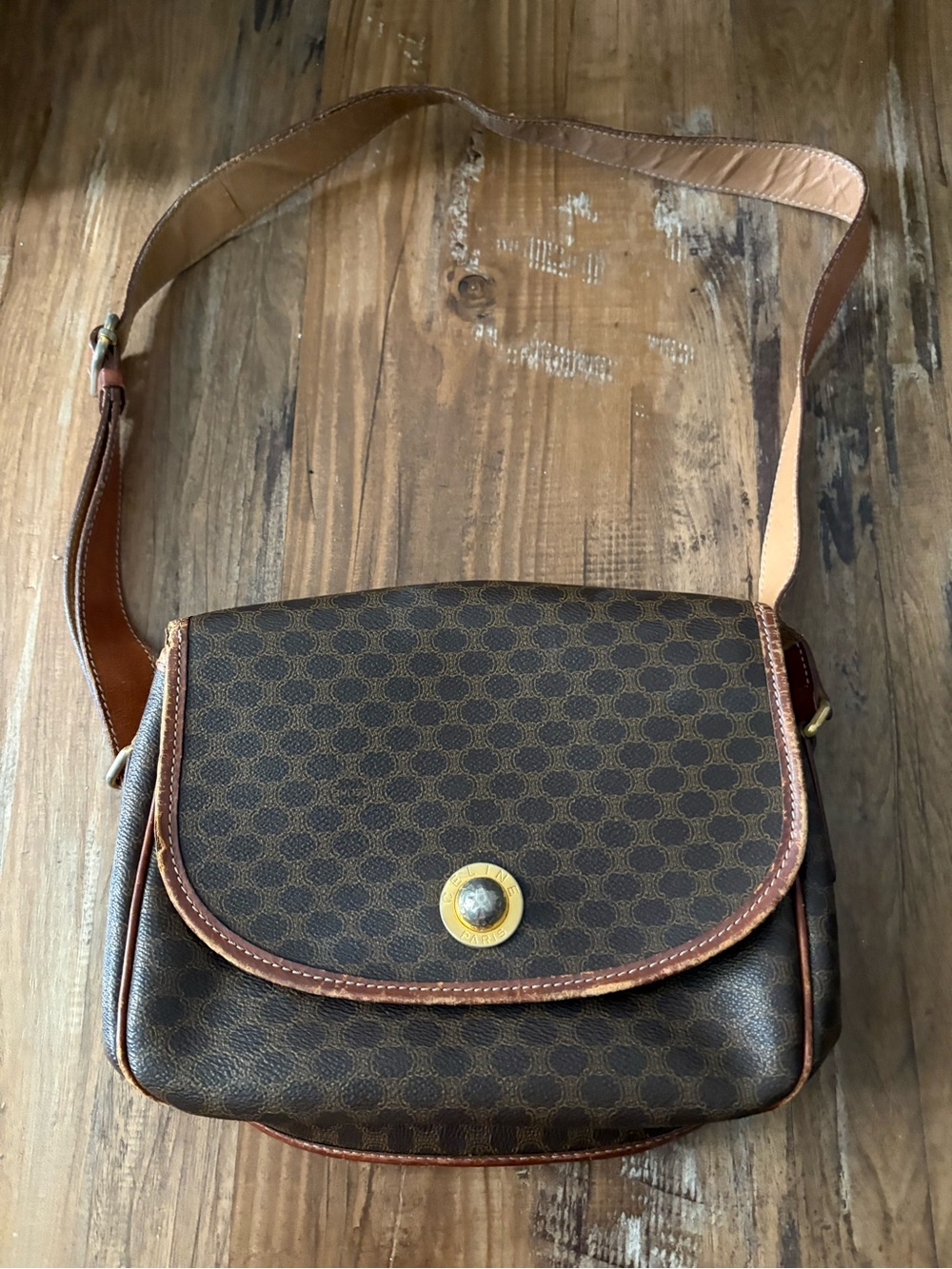 Celine Brown Monogram Crossbody Bag with Gold Accent